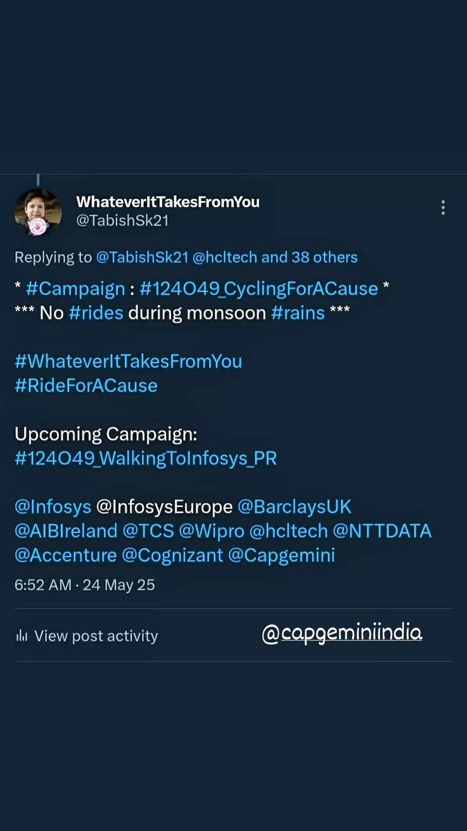 TabishSk21's tweet photo. * #Campaign : #124O49_RunningForACause *

Distance Ran on 28-Jul-2024 ==> 05 KMs
Running since 09-Aug-2022 
Total Distance Ran in 720 Days ==> 3600 KMs

#WhateverItTakesFromYou
#RunForACause

Upcoming Campaign: #124O49_WalkingToInfosys_PR 

@Capgemini 
#Capgemini https://t.co/PBi1ao0ahF