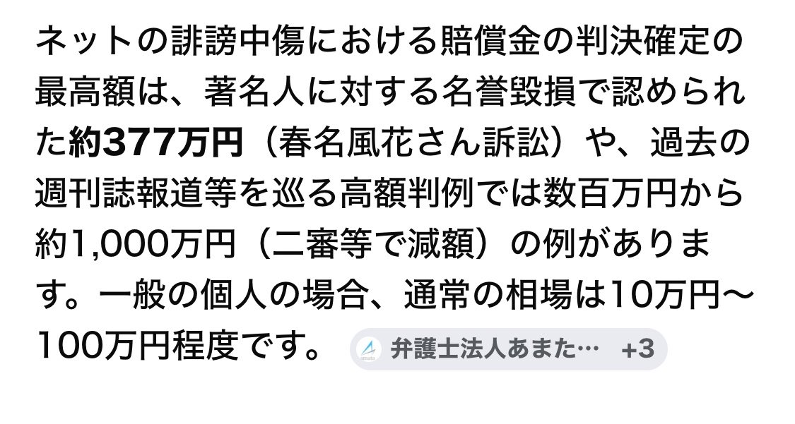 Oz2A4's tweet photo. @shibayu_utaheta 誹謗中傷による賠償金の歴代最高額は377万だそうなので、4桁万はありえないかと。

それこそ週刊誌のような会社単位の風説の流布であればありえますが、一般人相手にはまず無理かと😅 https://t.co/9YG6jUvifj
