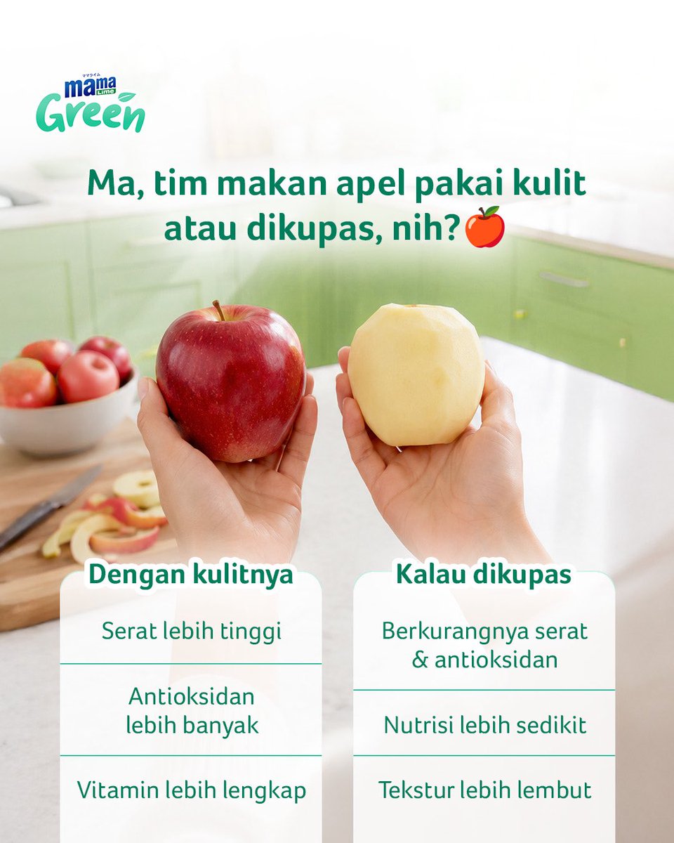 MAMA_Indonesia's tweet photo. Kulit apel mengandung serat dan nutrisi, tapi ada juga yang lebih suka dikupas dulu.

Apa pun pilihannya, jangan lupa cuci apel sampai bersih pakai MAMA Lime Green sebelum dinikmati, ya! 💚 https://t.co/QEkc5QIZMh