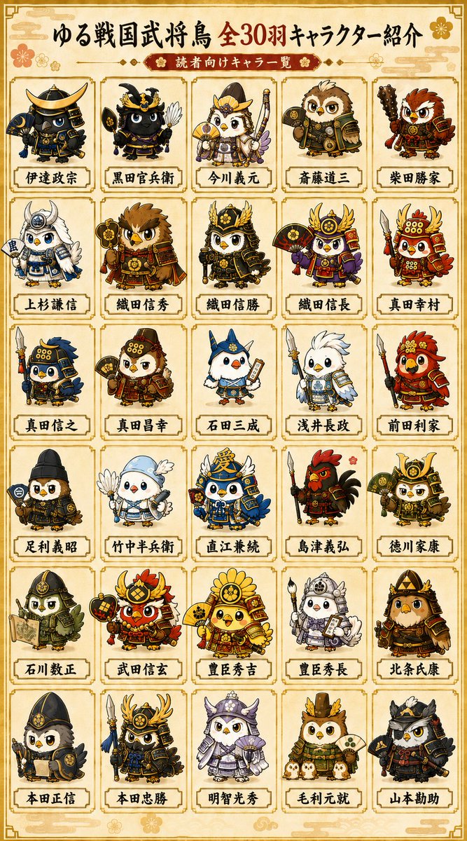 maru0sengoku's tweet photo. 戦国武将が、ゆるくてかわいい鳥になった
「ゆる戦国武将鳥」です🐦🏯
鳥ヶ城を舞台に、武将鳥たちの日常を描いています。

このアカウントでは
・縦長4コマ漫画
・武将鳥のキャラクター紹介
・LINEスタンプ情報
・制作中のイラスト
をお届けします。

#ゆる戦国武将鳥 #戦国武将 #創作漫画 #4コマ漫画 https://t.co/ZXXFXqF8IL