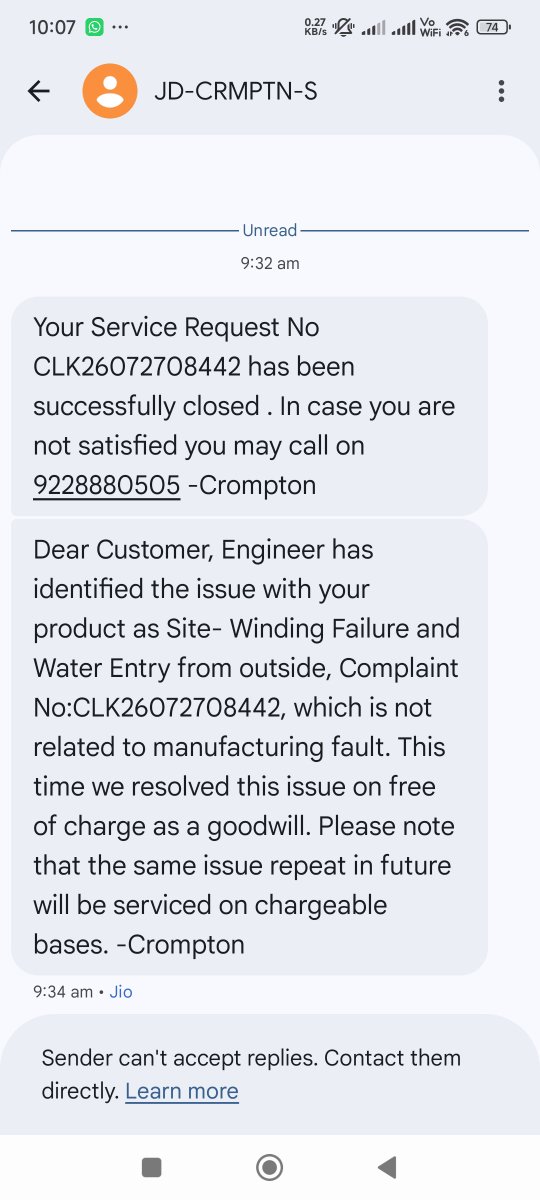 onlyforifti's tweet photo. @Crompton_India
 my Crompton motor healed itself, I cancelled the service visit, and yet I have an official message thanking their engineer for diagnosing and fixing a problem he never showed up for.
If the imaginary repair was free, I'll take the real next one free too. https://t.co/ayUHntmr1v