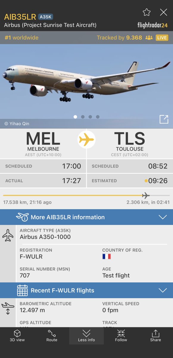 AeronewsGlobal's tweet photo. 21:16h of non-stop flying, 2:24h to go. A350-1000ULR (F-WULR).
#ProjectSunrise @Airbus @Qantas #UltraLongHaul https://t.co/aI0BTbR15M
