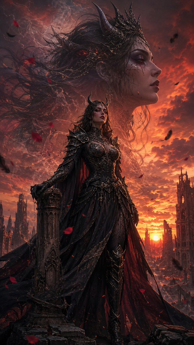 sophiasworld_17's tweet photo. Above the ruins of a dying world, the demon queen rises — proud, ominous, and more powerful than the apocalypse itself. 👑🔥

#DemonQueen #DarkFantasy #GothicQueen #ApocalypticArt #DoubleExposure https://t.co/2uzeD41ndT