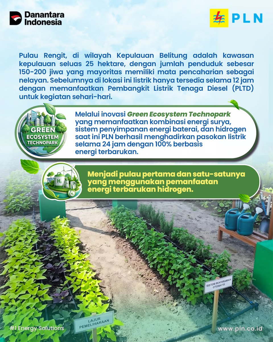 pln_puslitbang's tweet photo. Dari 12 jam menjadi 24 jam!⚡️

Pulau Rengit kini menikmati pasokan listrik 24 jam berkat inovasi Green Ecosystem Technopark dari PLN. Melalui kombinasi pemanfaatan energi surya, sistem baterai, dan Hidrogen. https://t.co/hYDbLozMCz