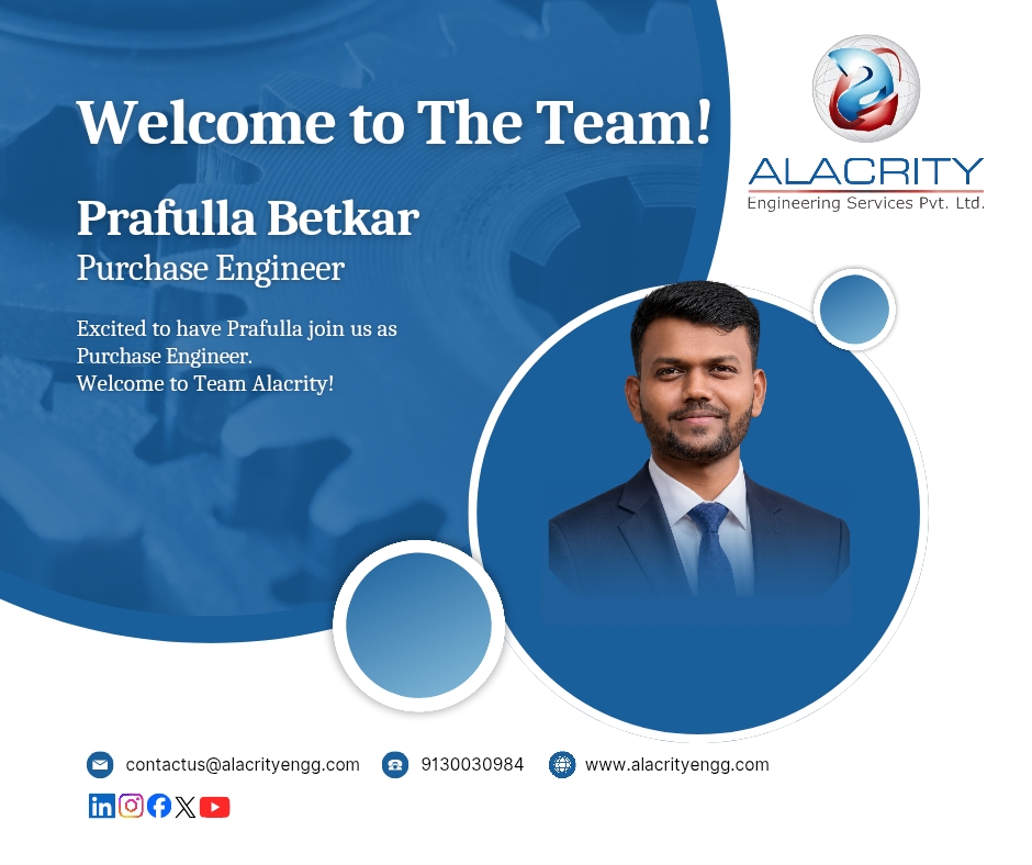 AlacrityEngg's tweet photo. #Welcome to Team Alacrity! 🎉
We're delighted to welcome Prafulla Betkar as our #PurchaseEngineer.
We look forward to Prafulla's contributions and wish him great success in this new journey.
Please join us in giving him a warm welcome to the #AlacrityFamily!
#NewJoiner https://t.co/EoQ2oUT7pg