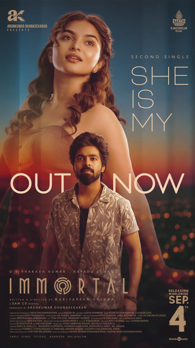 Chennaipatrika's tweet photo. #SheIsMy second single from #Immortal is out now.

Tamil ▶️ https://t.co/7mkVtfbbuq
Telugu ▶️ https://t.co/NWo51qx6FL

on September 4th.
@gvprakash &amp; @11Lohar  
@arun_kumaroffl @AKfilmfactory
@DirMari_Chinna
@SamCSmusic #Rajesh @gopiprasannaa @teamaimpr @MarkMedia_offl https://t.co/lzvoFLuGAO