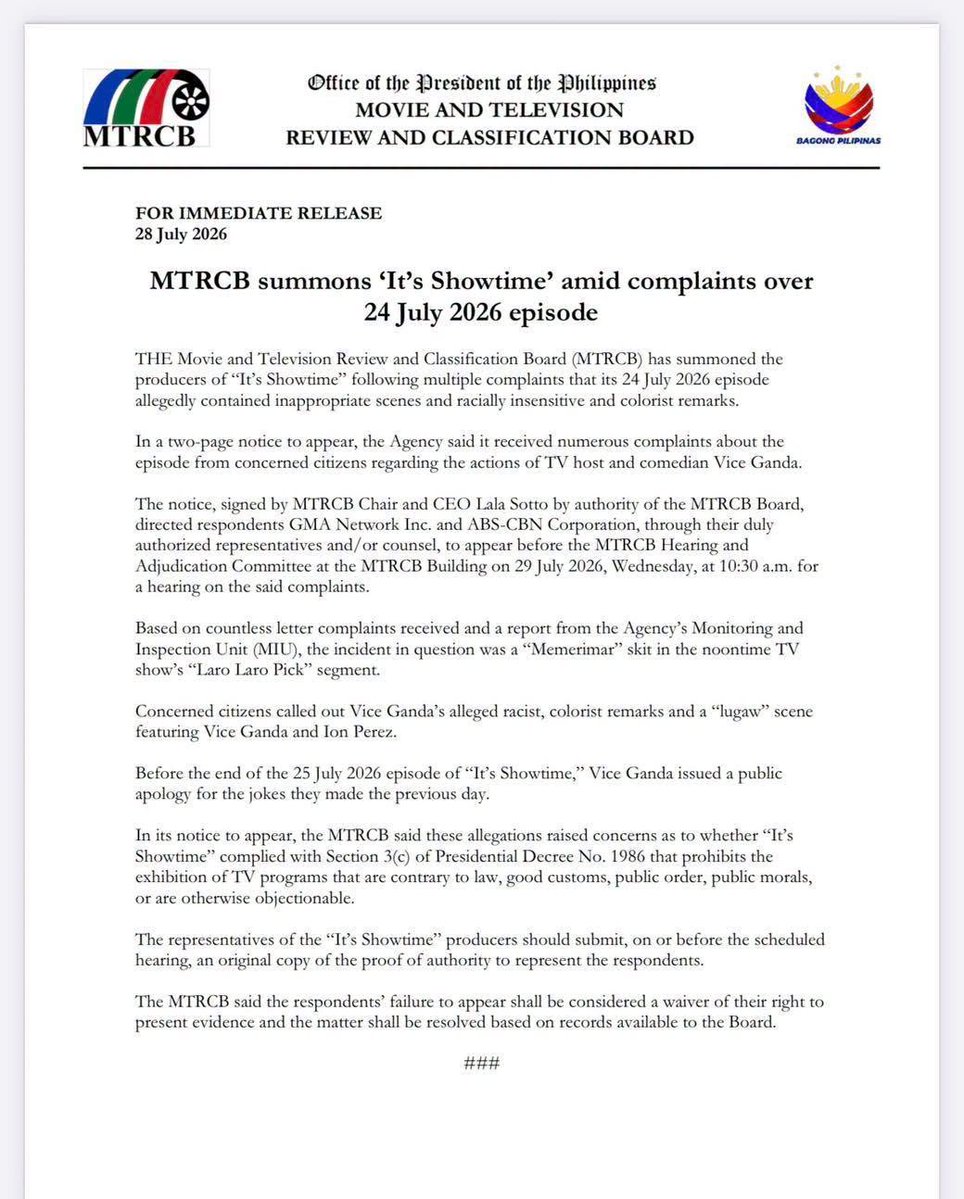 KapusoCrave's tweet photo. The MTRCB has issued a letter summoning ABS-CBN Studios' 'It's Showtime' following multiple complaints on its July 24, 2026 episode, which allegedly contained inappropriate scenes, and racist and colorist remarks.

(via @cinemabravoph) https://t.co/dcGBSYAm1k