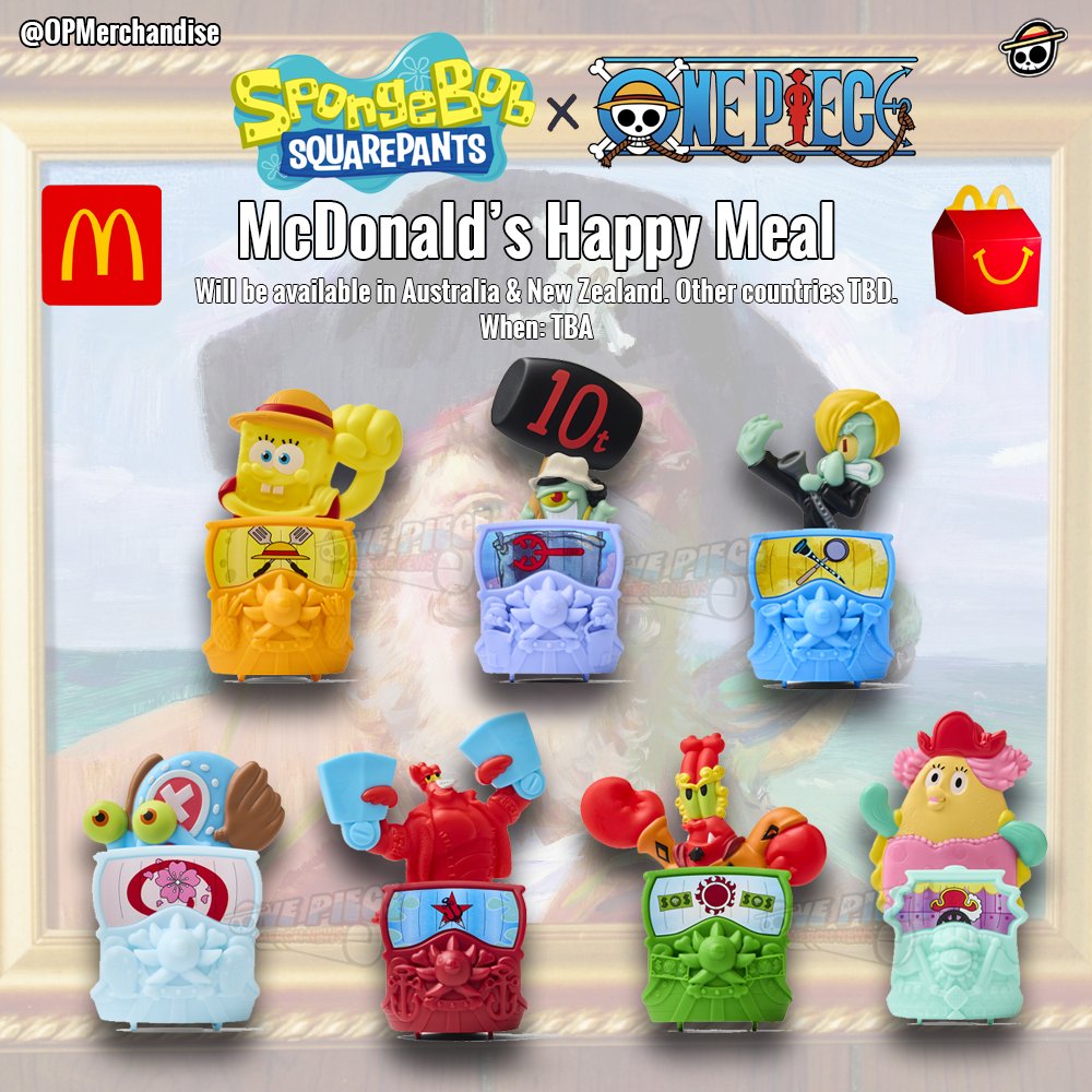 OPMerchandise's tweet photo. Here's a look at the McDonald's SpongeBob x One Piece Happy Meal collaboration!

Features:
• SpongeBob x Luffy
• Plankton x Usopp
• Squidward x Sanji
• Gary x Chopper
• Larry x Franky
• Mr. Krabs x Jinbe
• Mrs. Puff x Big Mom

Will be available in Australia and New Zealand. Other countries TBD.

Date of collab is TBA.

#OnePiece