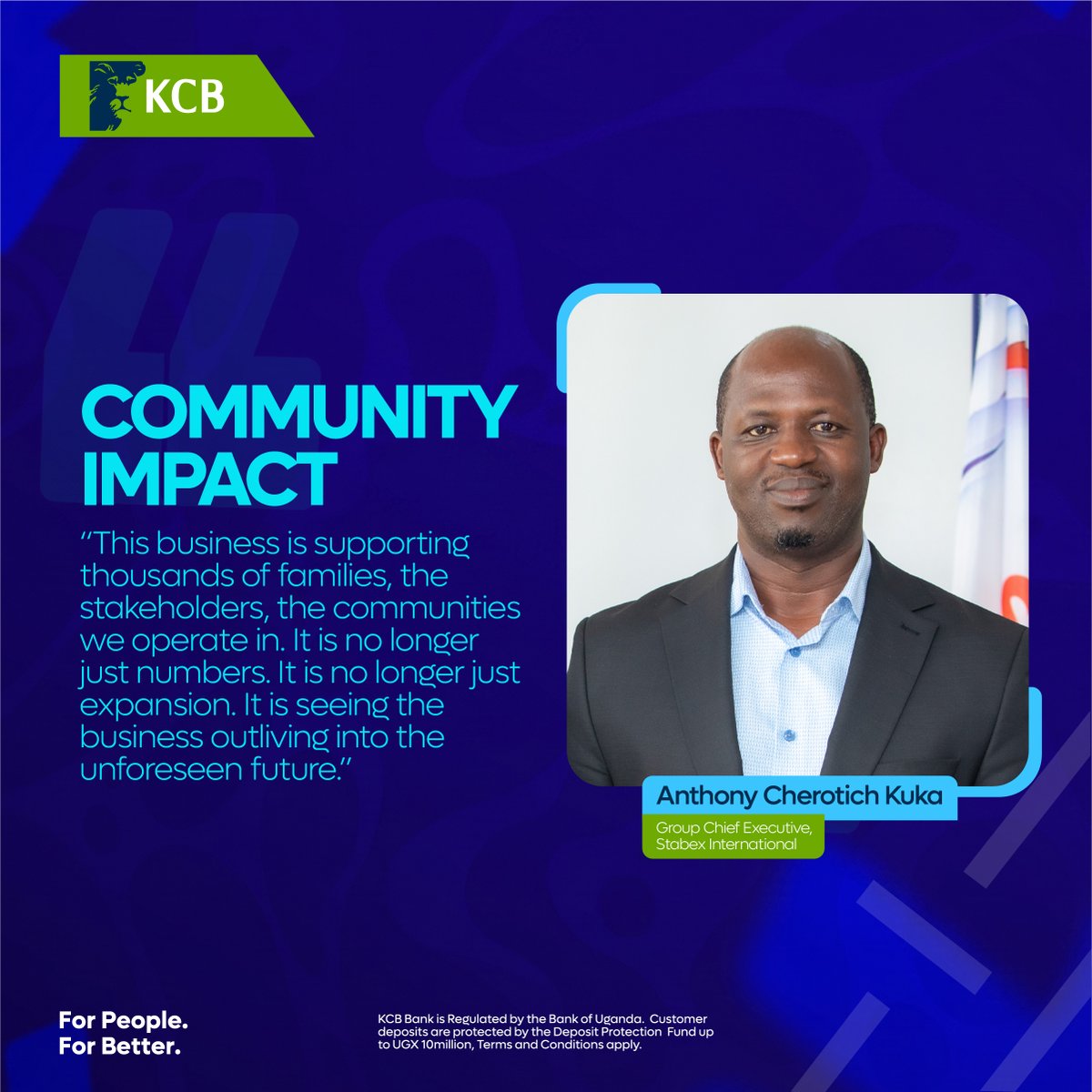 kcbbankug's tweet photo. "When businesses thrive, communities thrive."

Real impact goes beyond financial performance. It is about creating opportunities, supporting families, and building businesses that stand the test of time.

We are proud to share Anthony Cherotich Kuka's perspective on what meaningful growth truly looks like.

#ForPeopleForBetter #BankBetter @Stabex_Ug