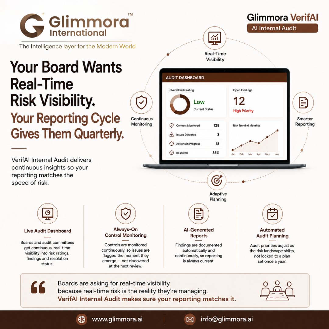 glimmora2026's tweet photo. Real-Time Risk Visibility. Smarter Internal Audits.

Glimmora VerifAI delivers continuous monitoring, AI-generated reports, automated audit planning, and live dashboards for faster, smarter audit decisions.

https://t.co/hWdcc4ajL3

#VerifAI #InternalAudit #RiskManagement #GI https://t.co/vy4PUWqlol