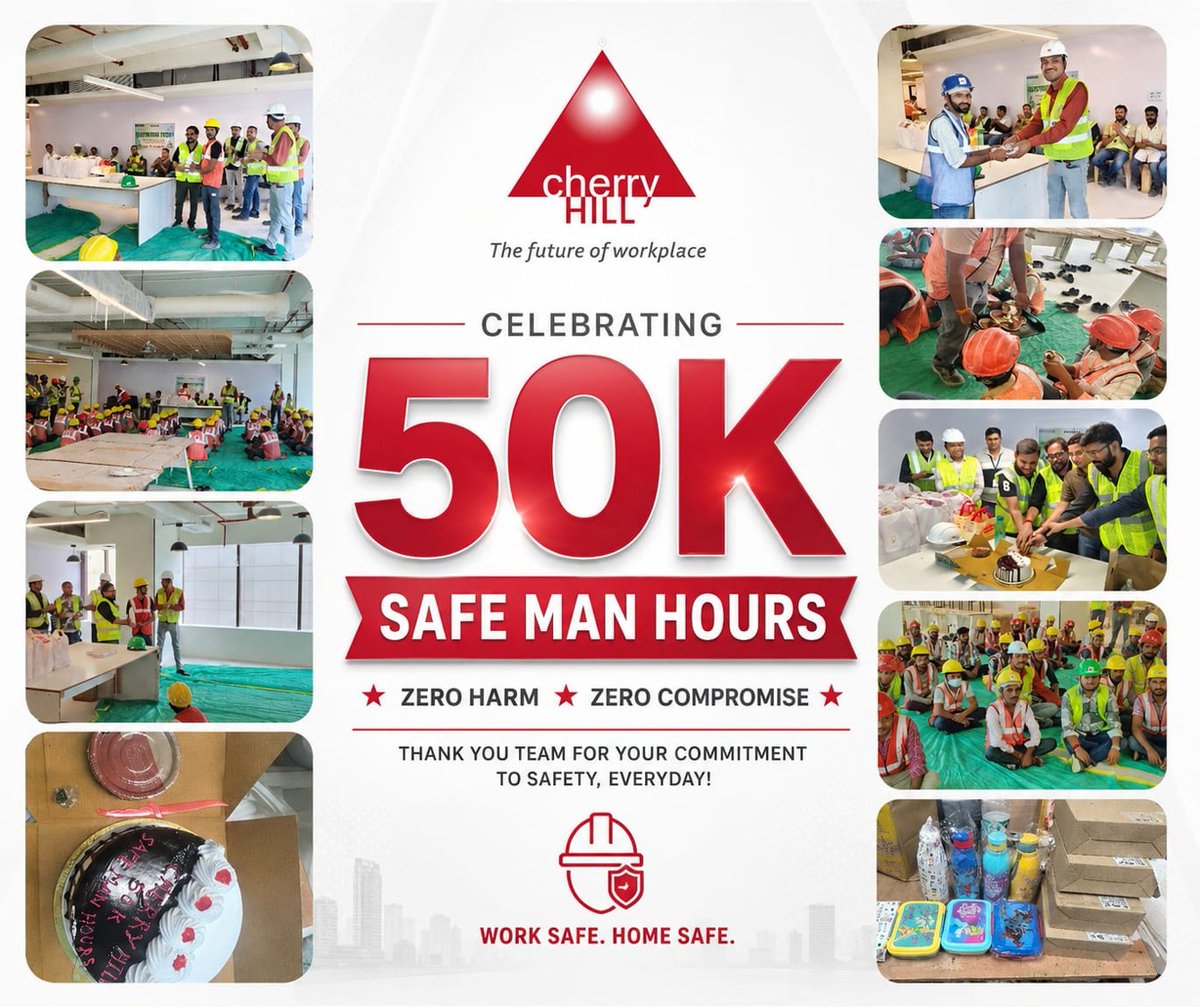 CherryHillDelhi's tweet photo. A major milestone achieved! Cherry Hill proudly
celebrates 50,000 #SafeManHours with #ZeroHarm & #ZeroCompromise. This is a testament to the dedication and discipline of every single worker on site. Safety isn't just a rule — it's our culture.
#SafetyFirst #50KSafeManHours https://t.co/yl3Lbvfl2s