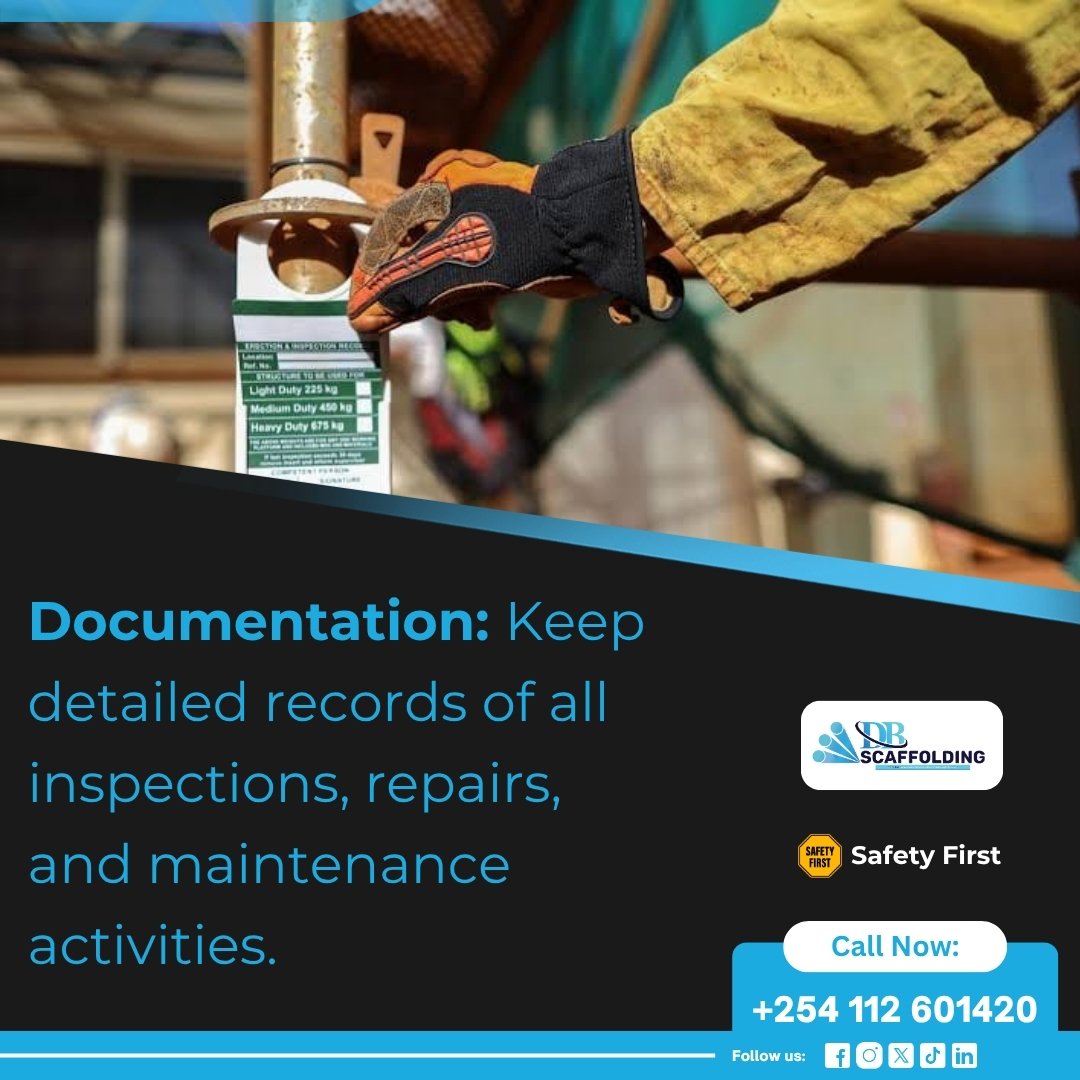DBScaffolding's tweet photo. TIP TUESDAY!

Every inspection, repair &amp; maintenance record helps ensure your scaffolding remains safe, compliant, &amp; ready for use.

Proper documentation improves accountability, extends equipment lifespan, and protects everyone working on site.

📞 Call us today: +254 112 601420 https://t.co/W3F6JxRdFk