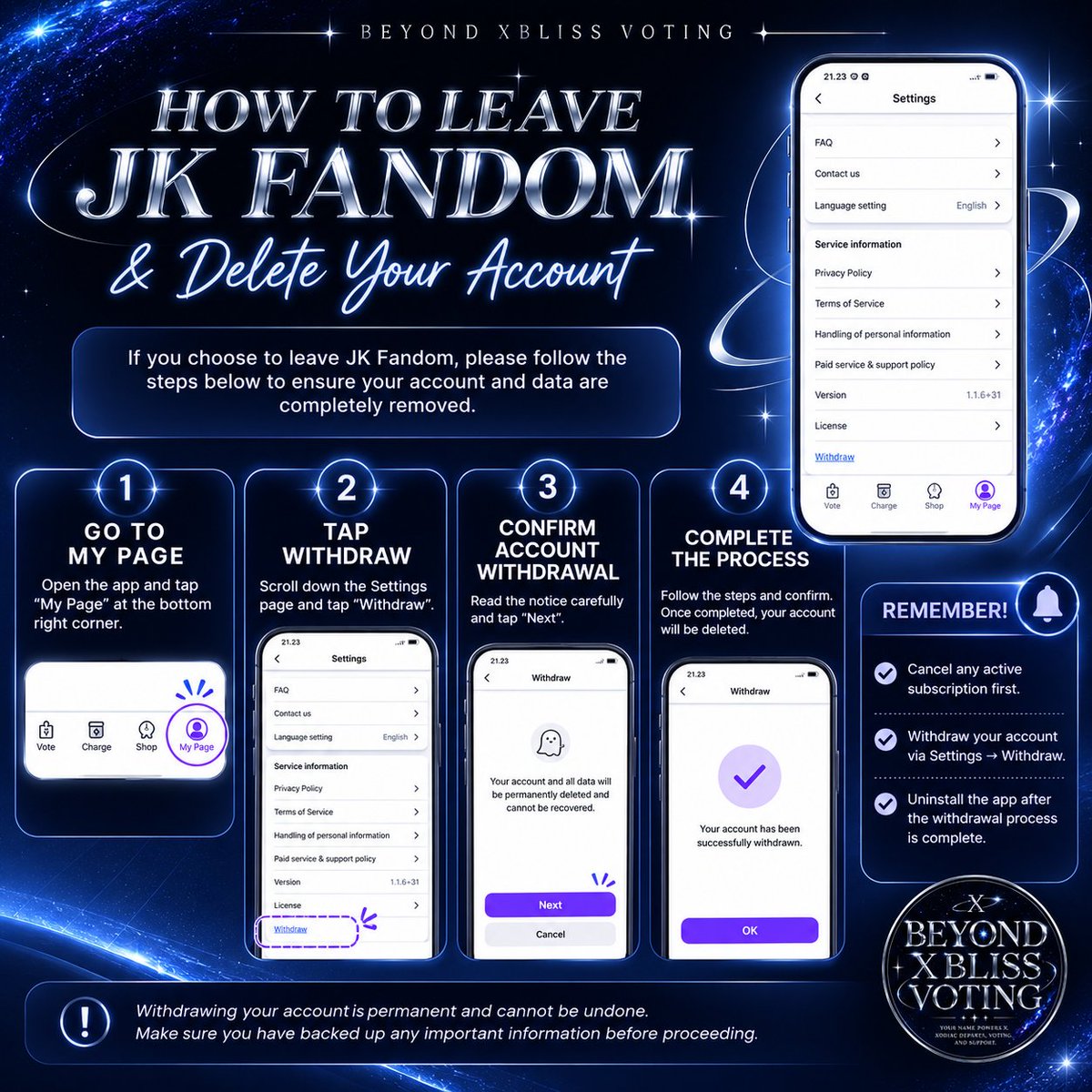 BX_voting's tweet photo. 📢 OFFICIAL STATEMENT

Effective immediately, we will no longer participate in any JK Fandom voting until the platform addresses the community's concerns with clear, transparent, and accountable actions.

Leaving JK Fandom? Cancel Subscription → Settings → Withdraw → Uninstall https://t.co/VgIb9T05QF