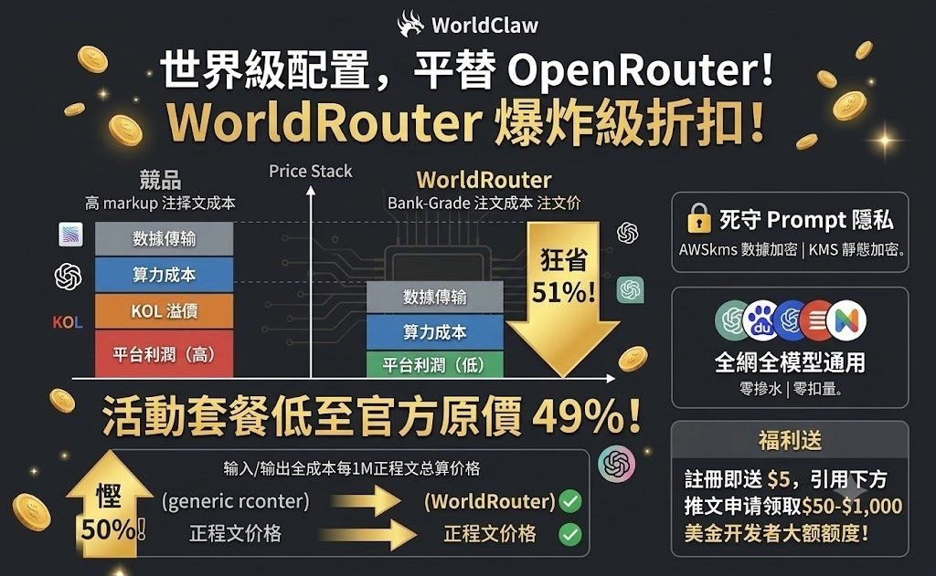 Wumylin's tweet photo. 这段时间被 AI 接口折腾得没脾气了。

模型效果明明不错，真正接进项目后却问题不断：价格高、调用不稳定，时不时跳个 502。想换服务商，还要重新修改代码，开发时间耗在适配

后来看到 @WorldClawAI 的活动，注册 WorldRouter 直接送了 5 美金免费额度，里面有 300 多个模型可以测试
比想象中省心 https://t.co/17O8C8mAhi