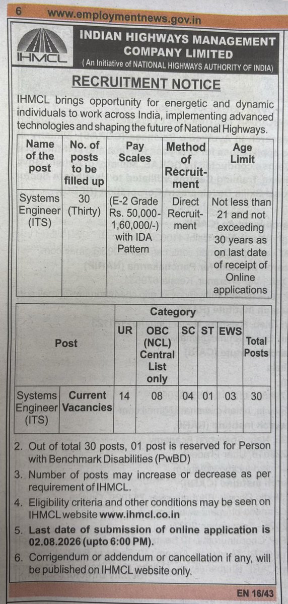 ARMTNPSC's tweet photo. Vacancies: 30
Post: System Engineers 
Indian Highways Management Company Limited (NHAI)
Last Date: 02.08.2026 https://t.co/EOPJAgj2a1