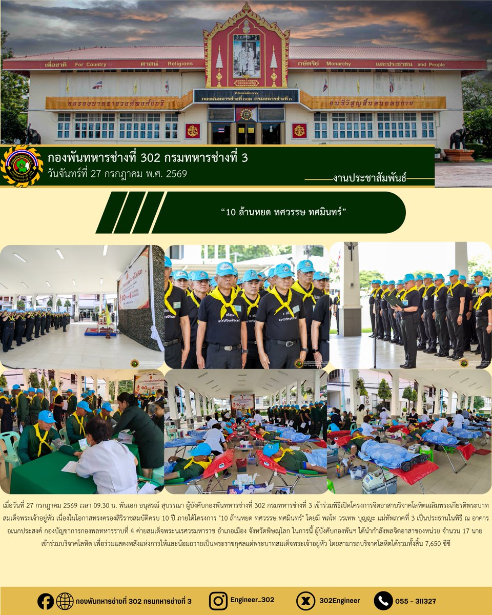 302engineer's tweet photo. "10 ล้านหยด ทศวรรษ ทศมินทร์"
---------------------------------
#จิตอาสาเราทำความดีด้วยหัวใจ
#บริจาคโลหิต
#กองทัพภาคที่3
#กองพันทหารช่างที่302 https://t.co/Izff0pZong