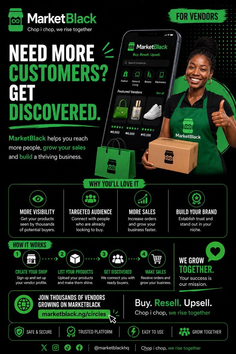 MarketBlackNG's tweet photo. @Tprosper233 @VendorsZone1 @SuperBStore19 More visibility creates more opportunities. 

That's the mission behind MarketBack. Helping vendors get discovered, connect with more customers and grow their business together. https://t.co/w7r2vyg9bT