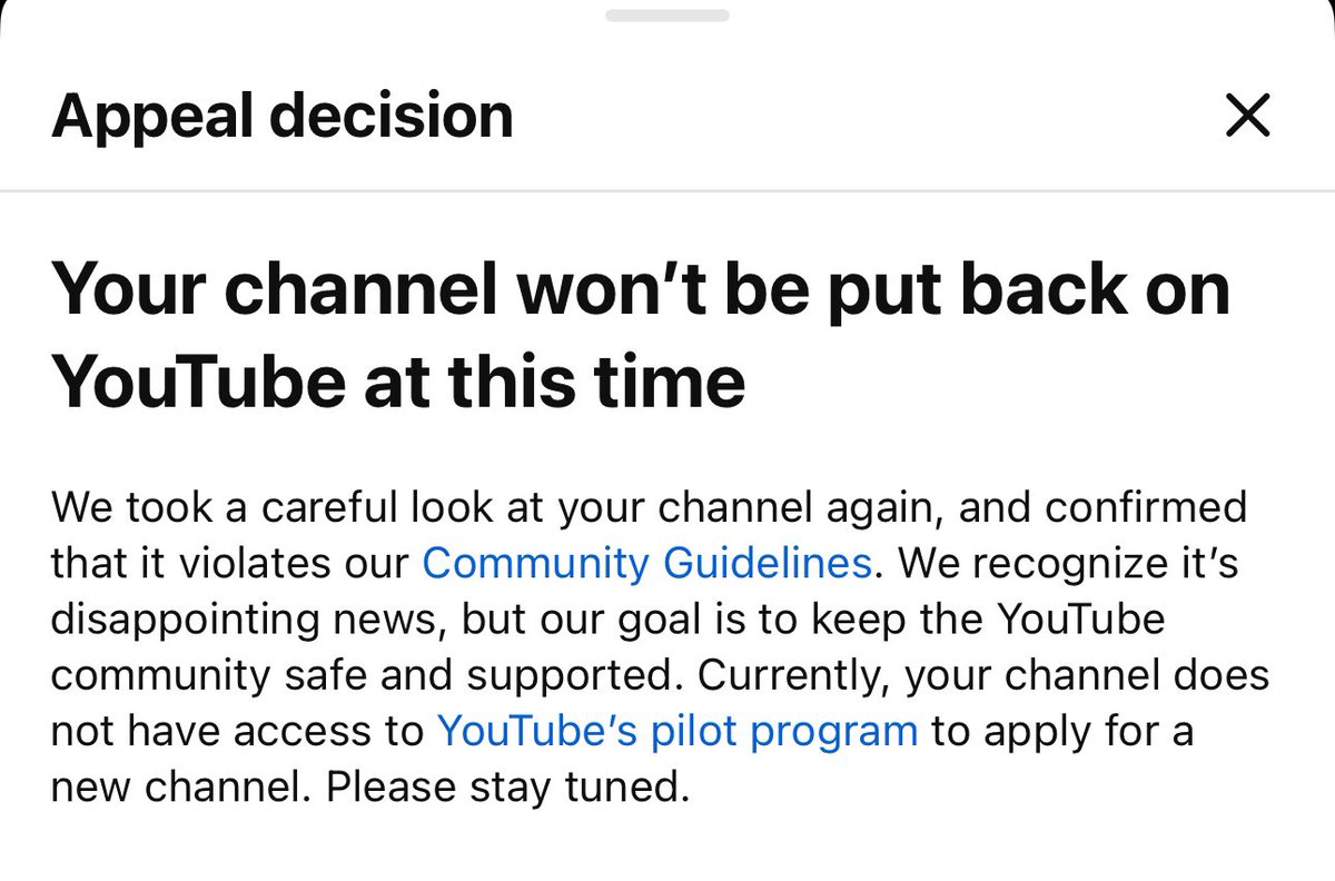 Lender860's tweet photo. @TeamYouTube Hi @TeamYouTube. I’m very confused about what happened to my channel. I never received any Community Guidelines strikes or restrictions. The only notification I received was to submit an appeal to avoid losing my monetization. I submitted the appeal in good faith, but instead my entire channel was terminated. My appeal was then denied without explaining the specific violation. Could someone please review my case and clarify what happened? I would truly appreciate your help. Thank you.