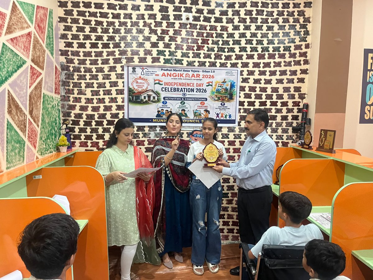 pmay_jammu's tweet photo. As part of the ANGIKAAR campaign under the PMAY U 2.0, a Painting &amp; Debate Competition was organized by MC Samba to celebrate Independence Day 2026. The event inspired young minds to express their creativity and patriotic spirit while promoting awareness about PMAY Urban 2.0. https://t.co/qI53x9tQre