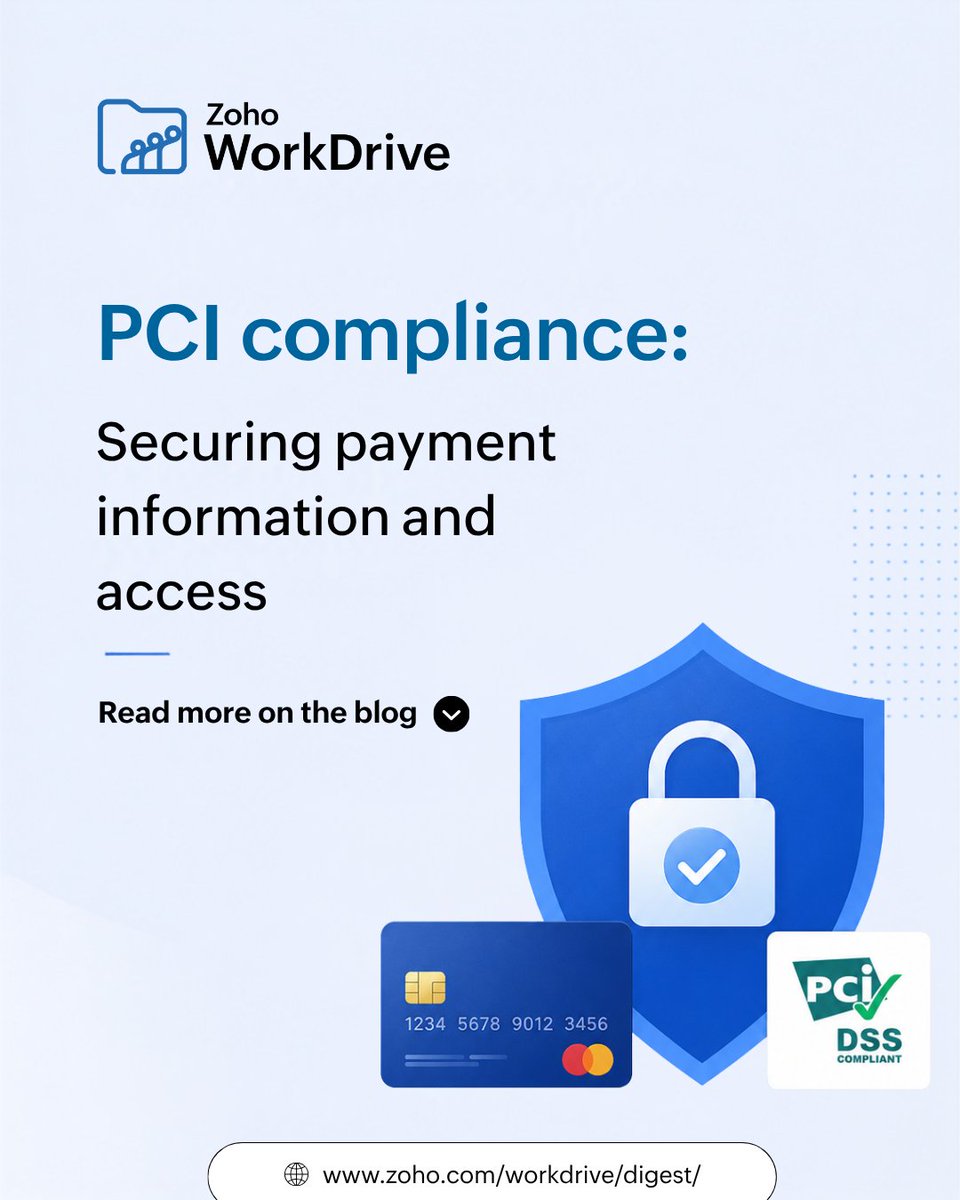 ZohoWorkDrive's tweet photo. PCI compliance is more than passing an assessment. It requires secure access, organized evidence, clear approvals, and audit-ready records throughout the year.

Learn how to make #PCICompliance workflows more manageable with #ZohoWorkDrive

Read more👉 https://t.co/GOckIxtS4f https://t.co/QBJRMJHo6X