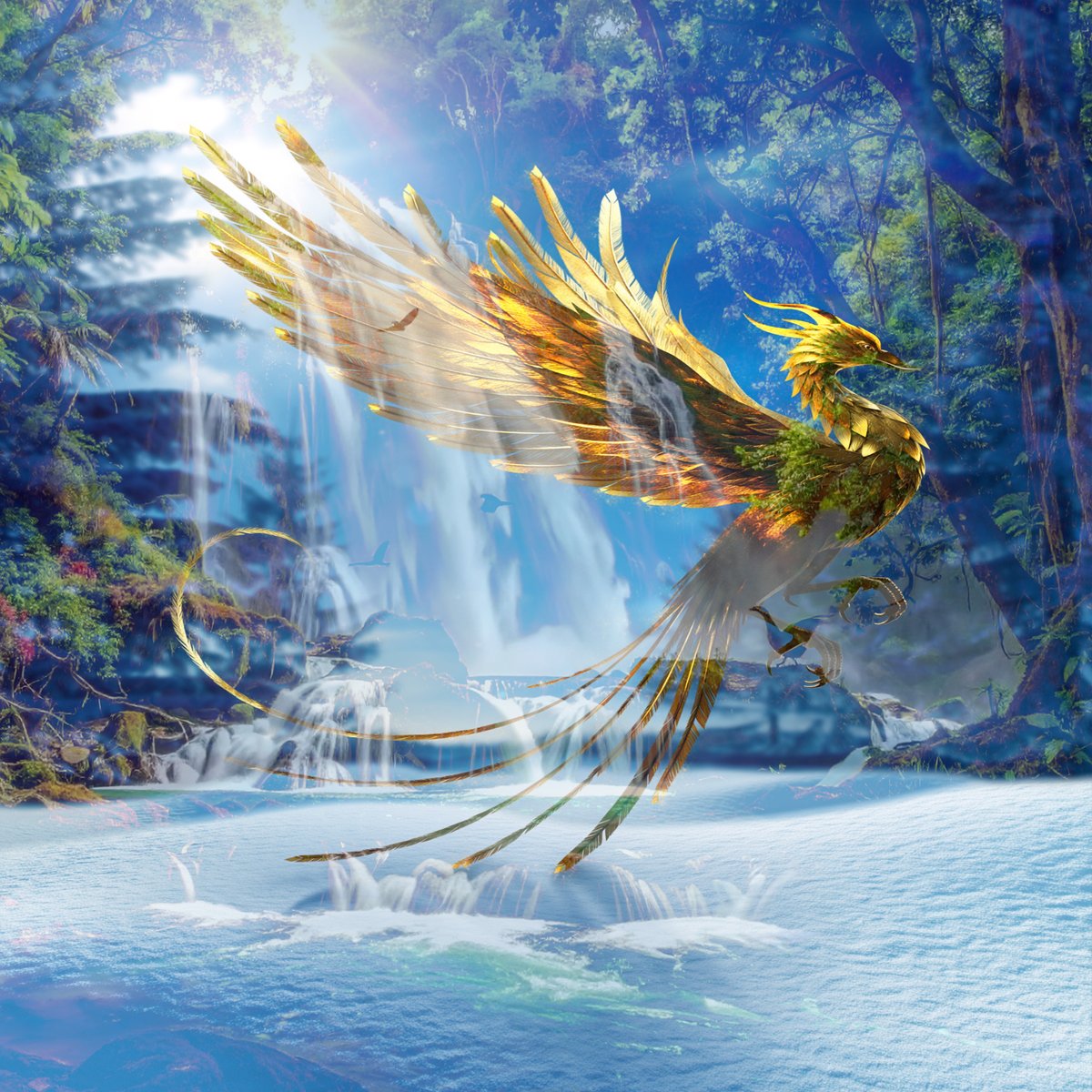 sanrotasu0216's tweet photo. A phoenix playing at a winter waterfall.  Phượng hoàng chơi đùa bên thác nước vào mùa đông  #AI #PS #Adobe https://t.co/sius7q4QGz