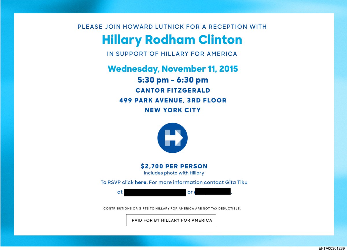epsteinsearchin's tweet photo. Howard Lutnick, the Secretary of Commerce, hosted a $2,700-a-head Hillary Clinton fundraiser at Cantor Fitzgerald in November 2015.

The invitation was sitting in Jeffrey Epstein's files.

Photo with Hillary included, the card promised. https://t.co/Wen7dm1NOf