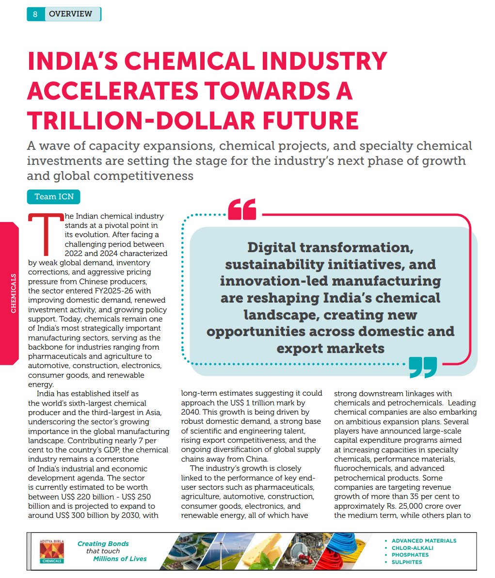 oleanderinvest's tweet photo. 🧪 India's Chemical Industry: Accelerating Towards a Trillion-Dollar Future

◆ Currently valued at $220–250Bn → projected $300Bn by 2030
◆ 6th largest chemical producer globally, 3rd in Asia
◆ Contributes ~7% to India's GDP
◆ Specialty chemicals market already crossed $60Bn
◆ Chemical exports exceeded $18.6Bn in FY26
◆ China+1 tailwind driving global sourcing shift to India
◆ FDI of ~$24Bn attracted since 2000
The full Chemical Industry Outlook 2026 — 332 pages of sector insights, company interviews & capex trends — is on our Telegram channel 👇
 https://t.co/Ru5L1KnQPx
#ChemicalSector #IndianChemicals #SpecialtyChemicals #Nifty #IndianMarkets #Investing
Oleander Financial Technologies Pvt Ltd | SEBI Registered Research Analyst | INH000022491