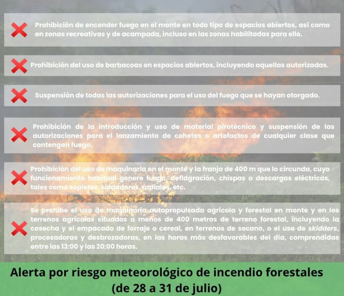 citatapuerca's tweet photo. Desde hoy al viernes 31, la Junta de #CastillaYLeón vuelve a activar la #alerta por riesgo meteorológico de #incendios. Respeta las prohibiciones que la alerta indica para la comunidad, la Sierra de Atapuerca y su entorno. Cuidemos por nuestro #PatrimonioNatural!! https://t.co/8r7JD8GlmE