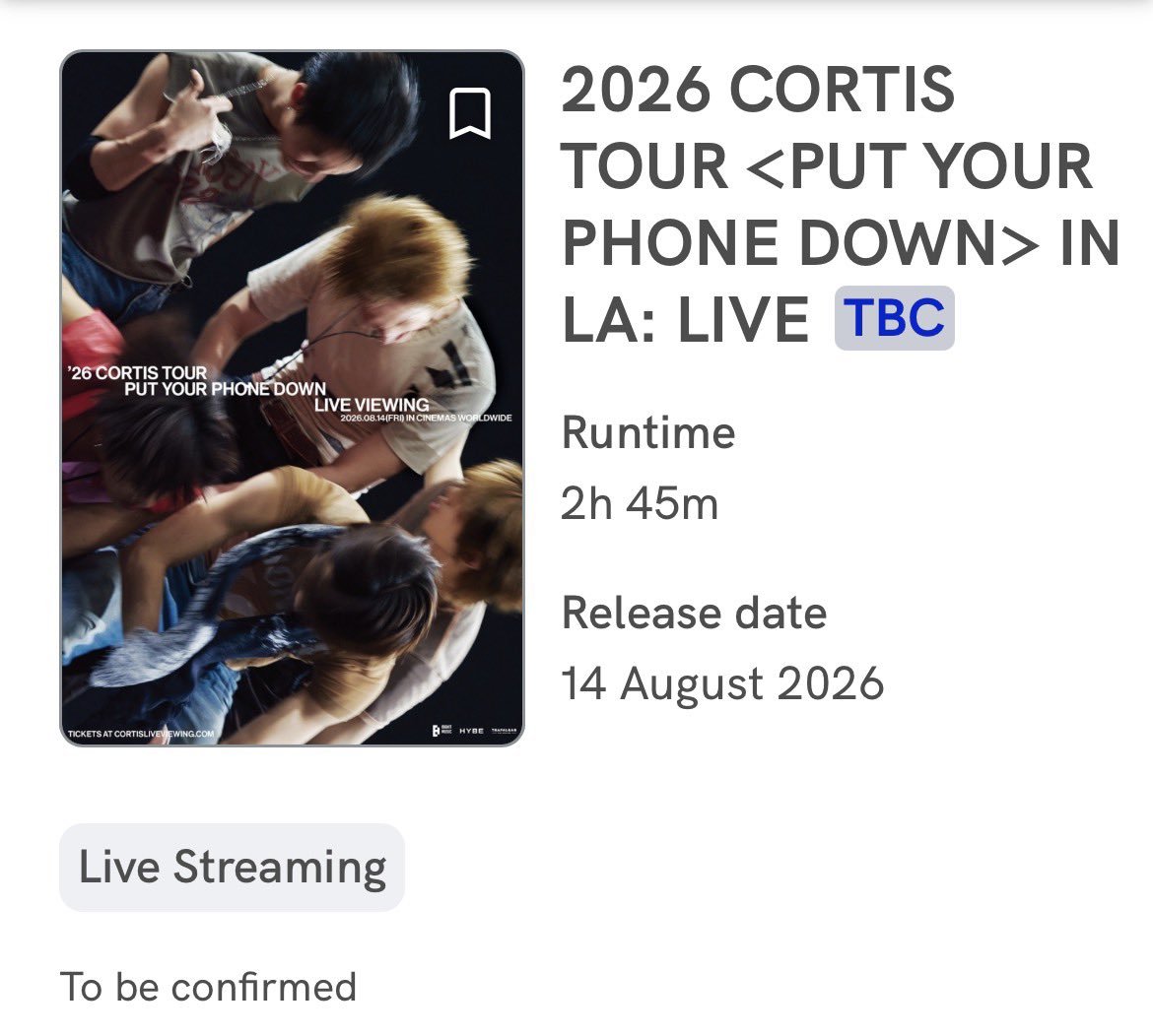 cortisphbase's tweet photo. Filo COERs!

2026 CORTIS TOUR <PUT YOUR PHONE DOWN> IN LA: Live Viewing is now listed under SM Cinema’s Coming Soon shows.

Are you going? See you there, COERs! 👀 https://t.co/FbSkjCEAyQ