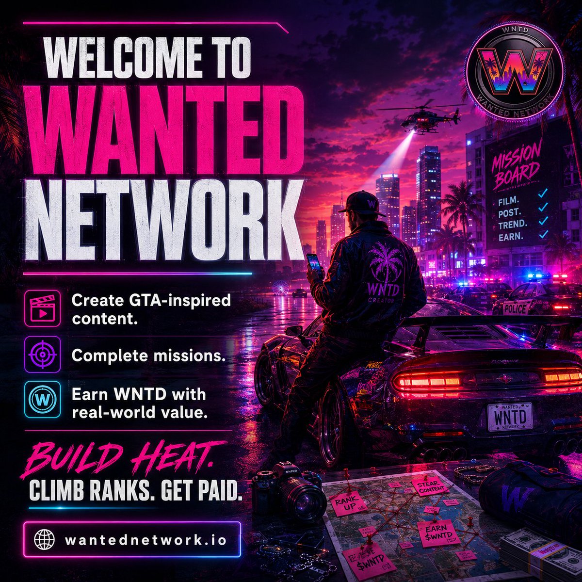 Wanted_Network's tweet photo. Welcome to Wanted Network. 🌴🔥

Create GTA 6-inspired content. Complete missions. Earn WNTD with real-world value.

Build Heat. Climb the ranks. Get paid for your creativity.

The city is watching. 👀
https://t.co/ZwkoAEtdel https://t.co/cfFs8t3UGX