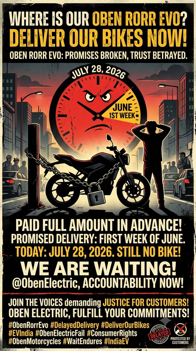 raj2kumar1986's tweet photo. Full payment made ✅
Promised delivery: First week of June ⏳
Current status: Still waiting late July ❌
​Where is my Oben Rorr Evo? @ObenElectric resolve this delay immediately!
​#ObenElectric #RorrEvo #ElectricVehicle #CustomerResolution https://t.co/BAvVjWsyh3