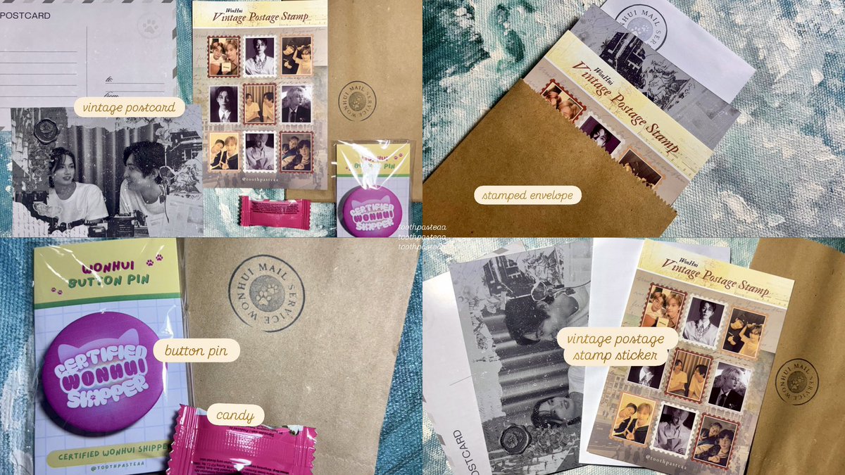 toothpasteaa's tweet photo. wonhui mail service! 📬
— freebies by toothpasteaa 

• vintage postage stamp sticker • vintage postcard • button pin • stamped envelope ✉️ 

claim at @moonlitevent 🌙 https://t.co/YhnUw457Ga