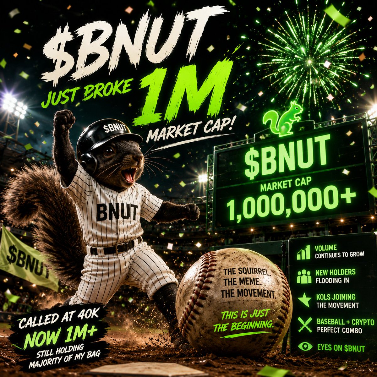 TheSignalXx's tweet photo. $BNUT has now broke $1M MC after our initial call at $40K, and I'm confidently still holding the majority of my position.

Volume continues to build, more KOLs are taking notice, and new holders keep flowing in. These are exactly the ingredients you want to see in a meme with real momentum.

The narrative is simple and highly recognizable. Baseball, crypto, and the squirrel meme all tie together naturally, while the viral CT videos continue bringing fresh eyes to the project.

If this momentum continues, $5M is well within reach.

The Signal 🚨