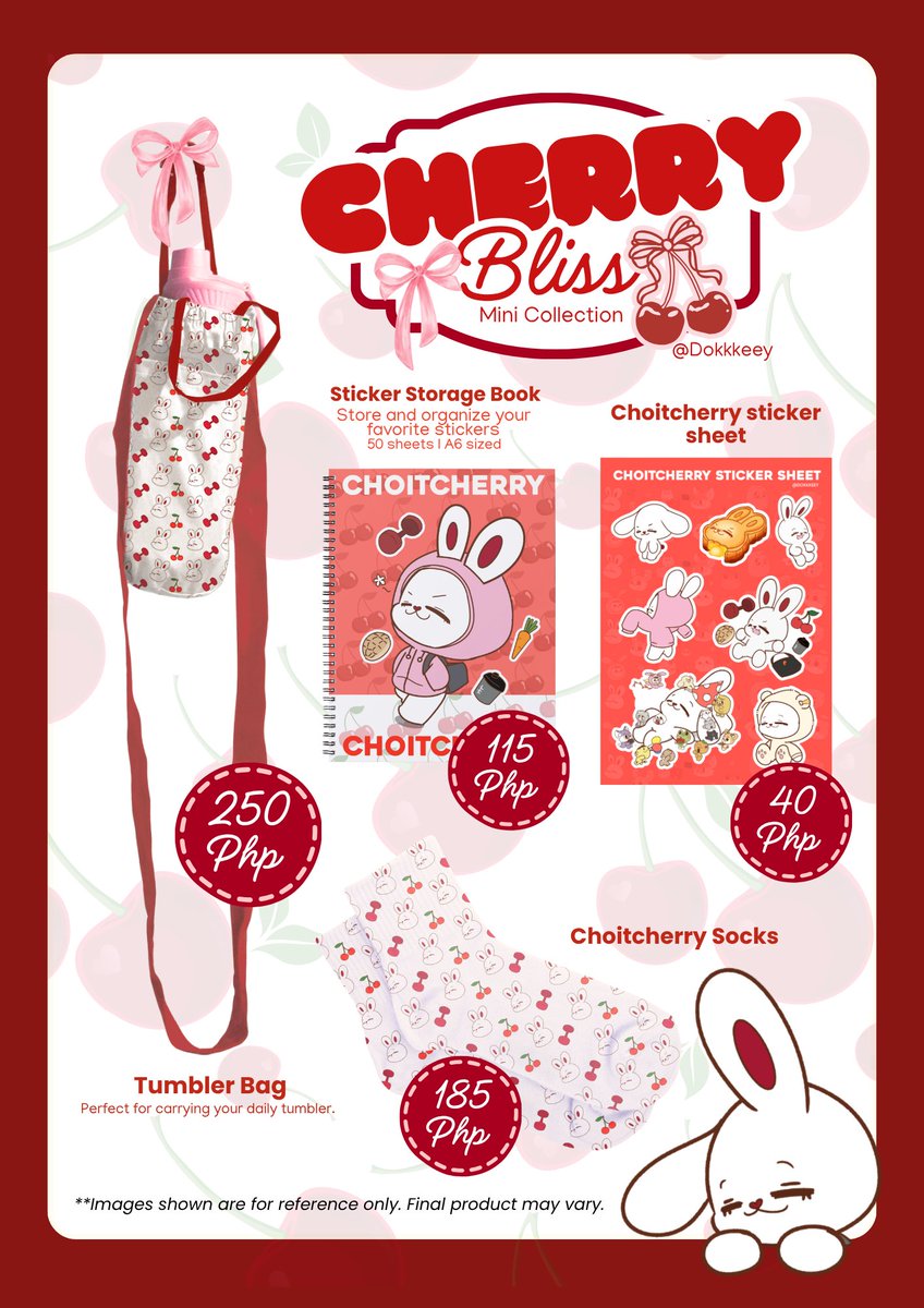 Dokkkeey's tweet photo. Cherry Bliss Mini Collection 🍒✨

Here's the merch catalogue for my mini collection! These will be available at #SCOUPS_FirstLove at Met Live on August 16.

Note: The Sticker Storage Book has a slight price increase due to a supplier price adjustment. The Phototop recycled paper used for the inside pages is now sourced separately.

See you there! ❤️🐰