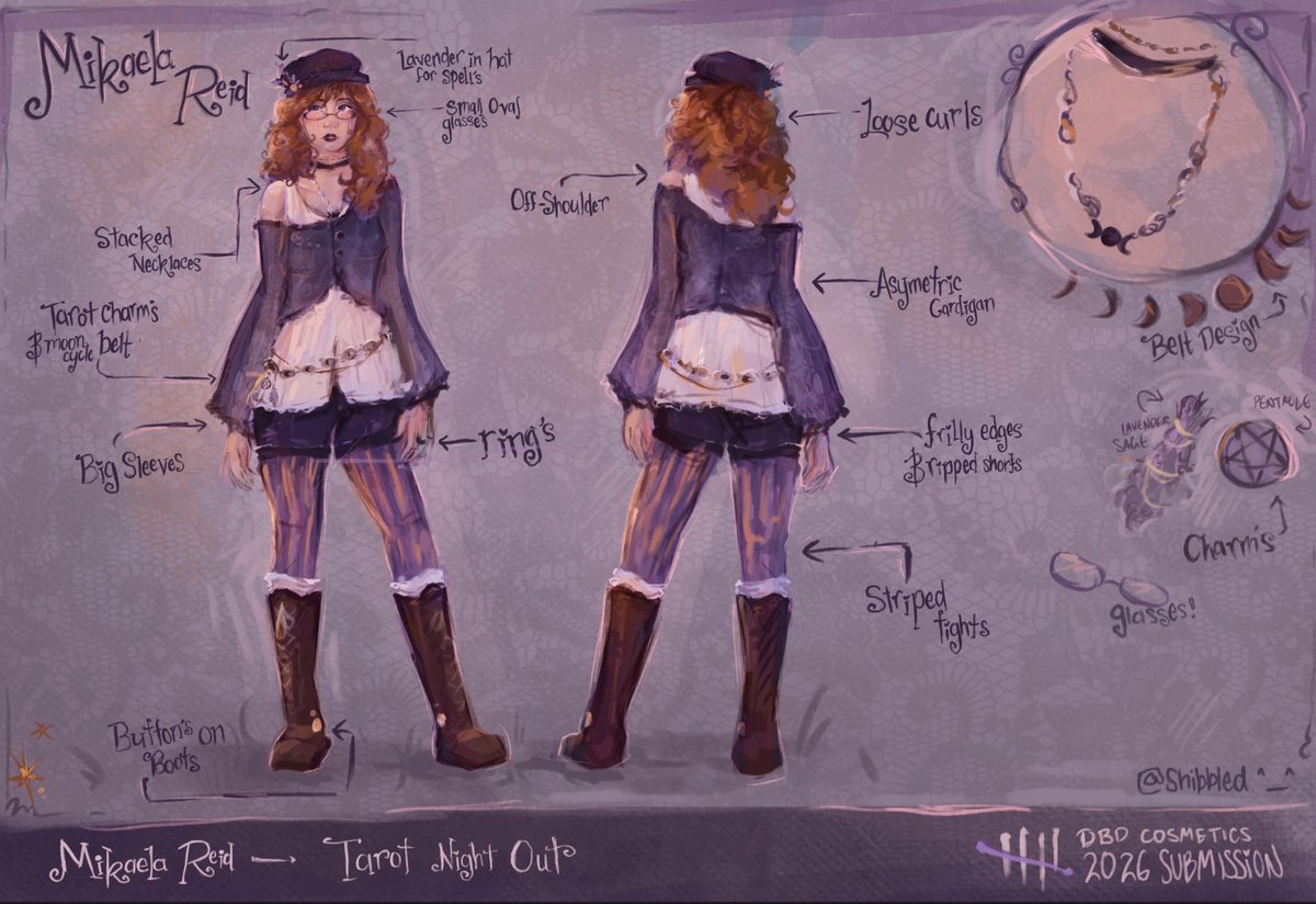 Shibbleds's tweet photo. Mikaela Reid - Tarot Night Out !!

A concept for this years DBD cosmetic comp!! Went for a lavender witchy theme (i just want a fun hat and more glasses for mikaela) #deadbydaylight https://t.co/0YrAooCZTc