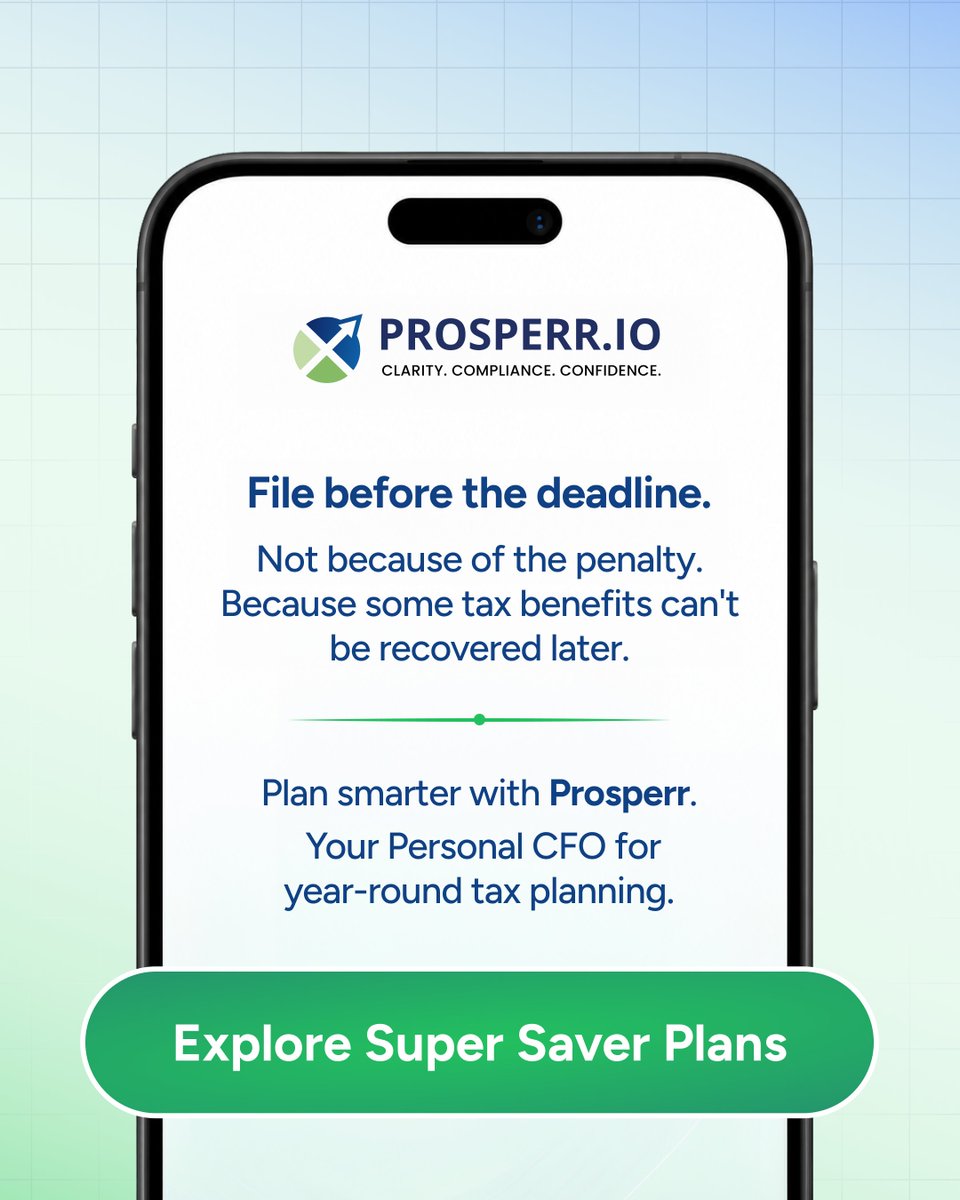 ProsperrOne's tweet photo. The deadline isn't just about avoiding a penalty.

It's about protecting your tax choices, your refund, and benefits that may not be available later. Download the Prosperr One app: https://t.co/RPfoL6ot5n
#ITR2026 #IncomeTax #TaxPlanning #Prosperr #ITRDeadline https://t.co/rQOucemqYQ