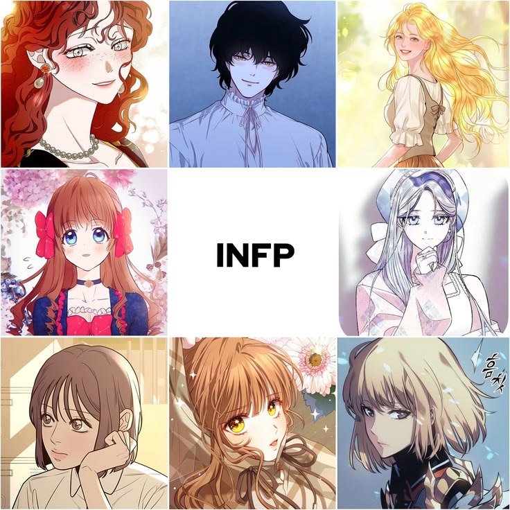 JJkmi5d's tweet photo. The soft, dreamy INFP grid 🥺✨

*INFP energy =* idealistic, sensitive, quiet but feels everything deeply, lives in their own little world

Let's see who we got:

*Top row*
- *Red curly hair lady* - Looks like Penelope from _The Villainess Turns the Hourglass_. She ha https://t.co/E8lIwH7kQ0