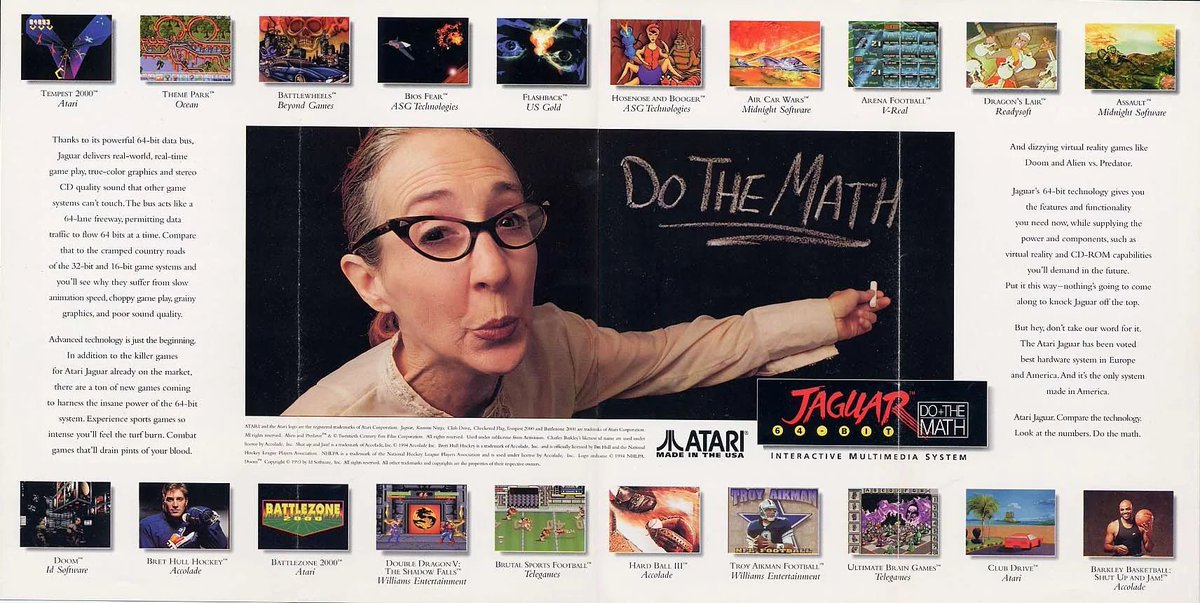 pluviam97's tweet photo. @MasterGir The Atari Jaguar slogan was "Do the math!" taunting that the SNES and Genesis were 16 bit consoles while the Jaguar boasted it's "64-bit" processing power https://t.co/FkVppVQw68
