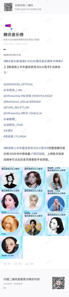 yizhishuite's tweet photo. 秋天在《騰訊音樂榜》2026年上半年結算中獲得「韓語榜最佳表現SOLO歌手」的榮譽🥹

*《騰訊音樂榜》是由中國市佔率最高的音樂app「QQ音樂」發布的榜單
 #IVE #아이브 #GAEUL #가을 #ガウル https://t.co/Cc9Gcf1F7f