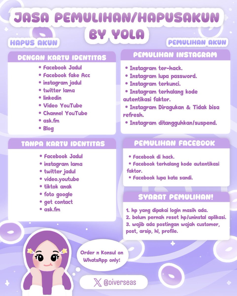oiverseas's tweet photo. Melayani Jasa Pemulihan akun &amp; Jasa Hapus akun, Jasa Lacak Lokasi, Sadap WhatsApp 

Jasa balikin akun Instagram dan Facebook, Tiktok, Linkedlin, Gmail, Line, all sosmed.

Hapus akun Facebook, Instagram, Line, Twitter, YouTube, &amp; lain nya.

Order? Hubungi WhatsAp Di Bio Ya https://t.co/EqmvWQxVtC