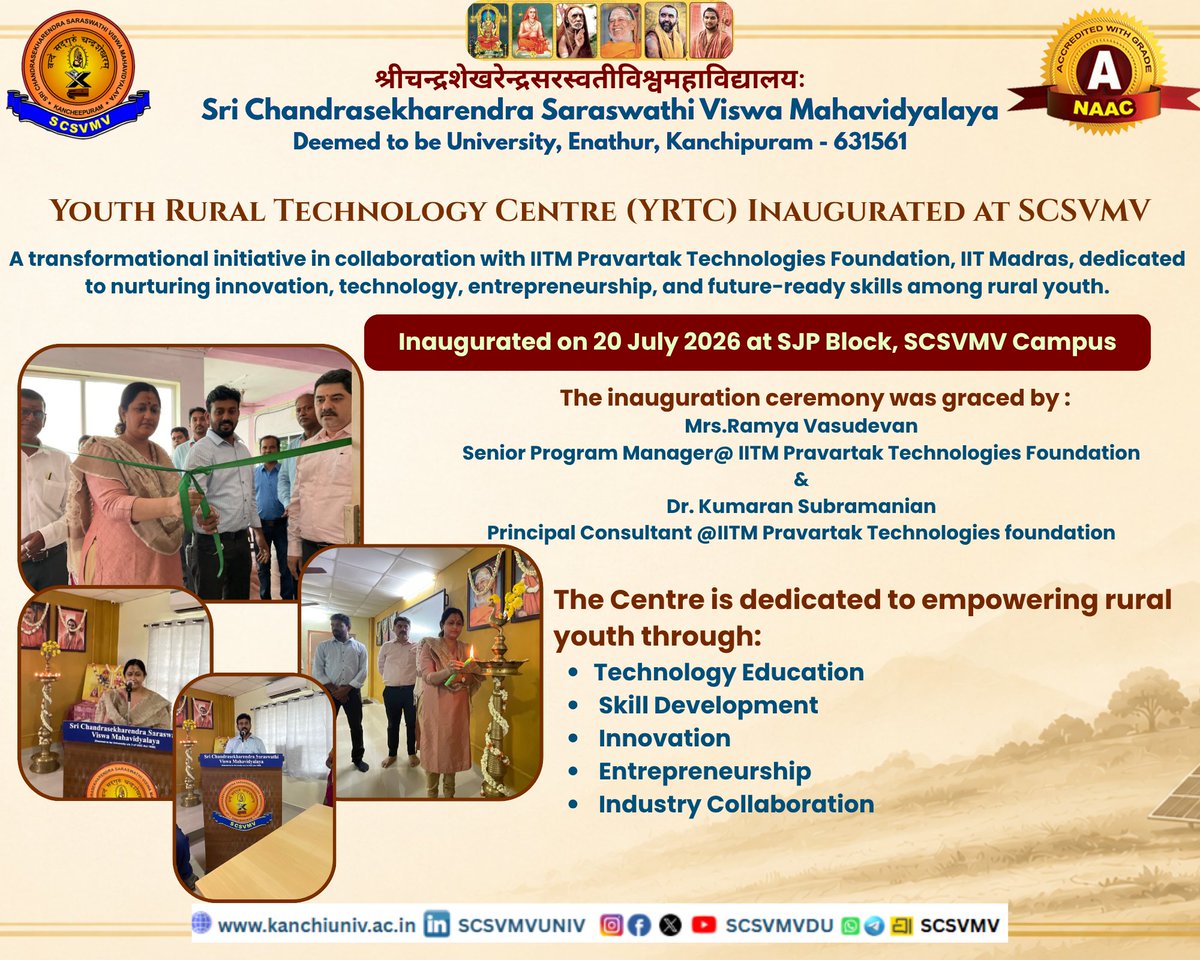 SCSVMVDU's tweet photo. SCSVMV inaugurates the Youth Rural Technology Centre (YRTC) in collaboration with IITM Pravartak, IIT Madras.

#SCSVMV #YRTC #Innovation #SkillDevelopment #Technology #IITMPravartak https://t.co/ionU2OMKzB