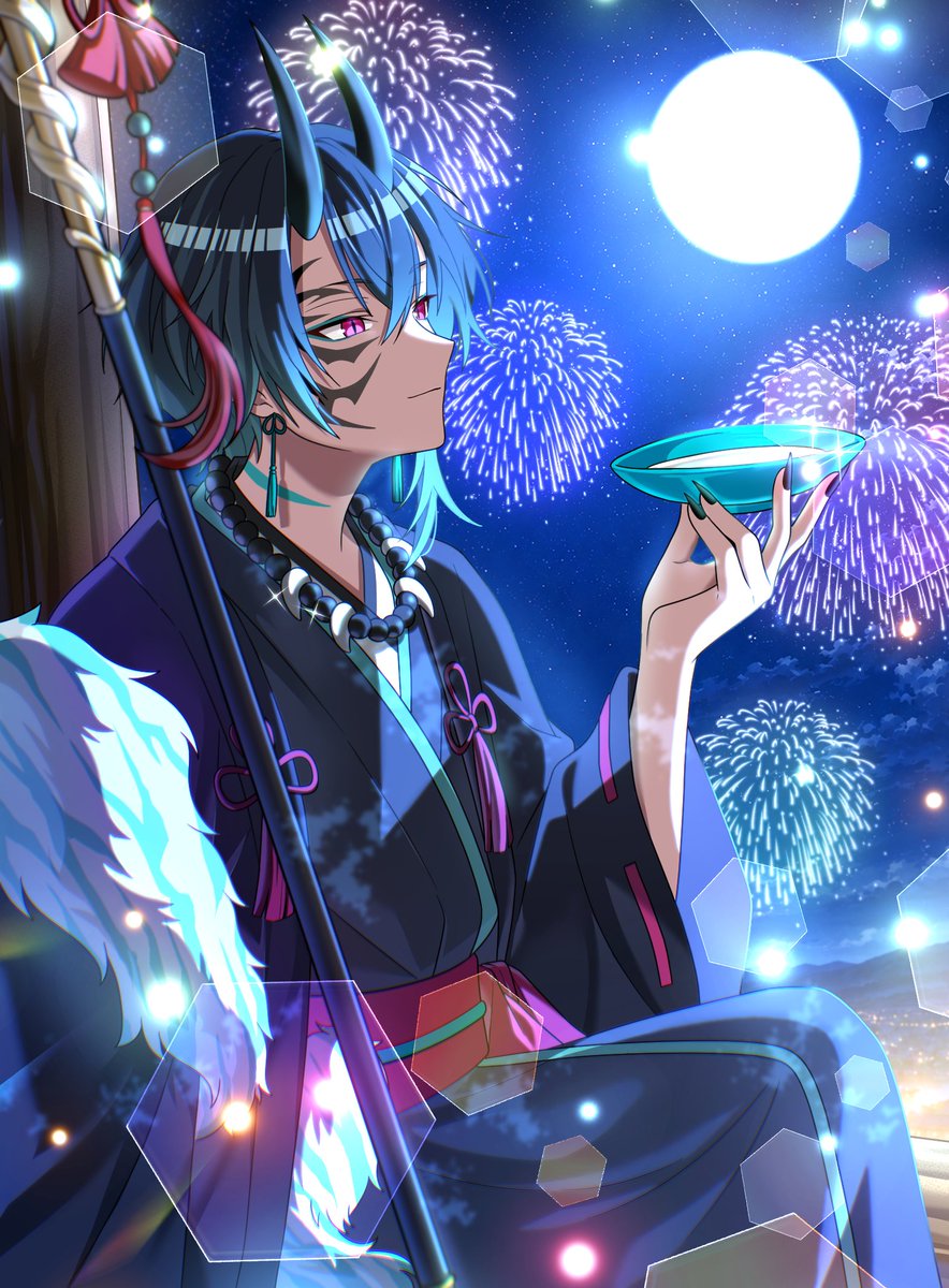 official_orkr's tweet photo. 今日は虎熊童子のイラストを公開させてください！🌈

最近は花火を眺めながら
のんびり晩酌を楽しんだ夜もあったのだとか🎆🍶

夏の風物詩を満喫しているみたいですね🌟

#俺クロ https://t.co/R93DlmKMRv