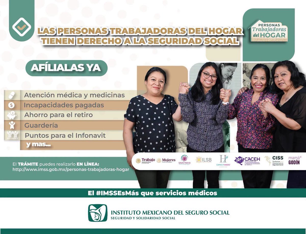 tlaxcalaIMSS's tweet photo. 👩‍💼💚 ¡Las personas trabajadoras del hogar tienen derecho a la seguridad social! 🏥💰
Afílialas al IMSS y accedan a atención médica, incapacidades pagadas, guardería, ahorro para el retiro y más. ✅✨

#Tlaxcala 🔗 Haz el trámite en línea: https://t.co/2eVJgePnQy

#IMSSesMás https://t.co/NzHKoybYFz