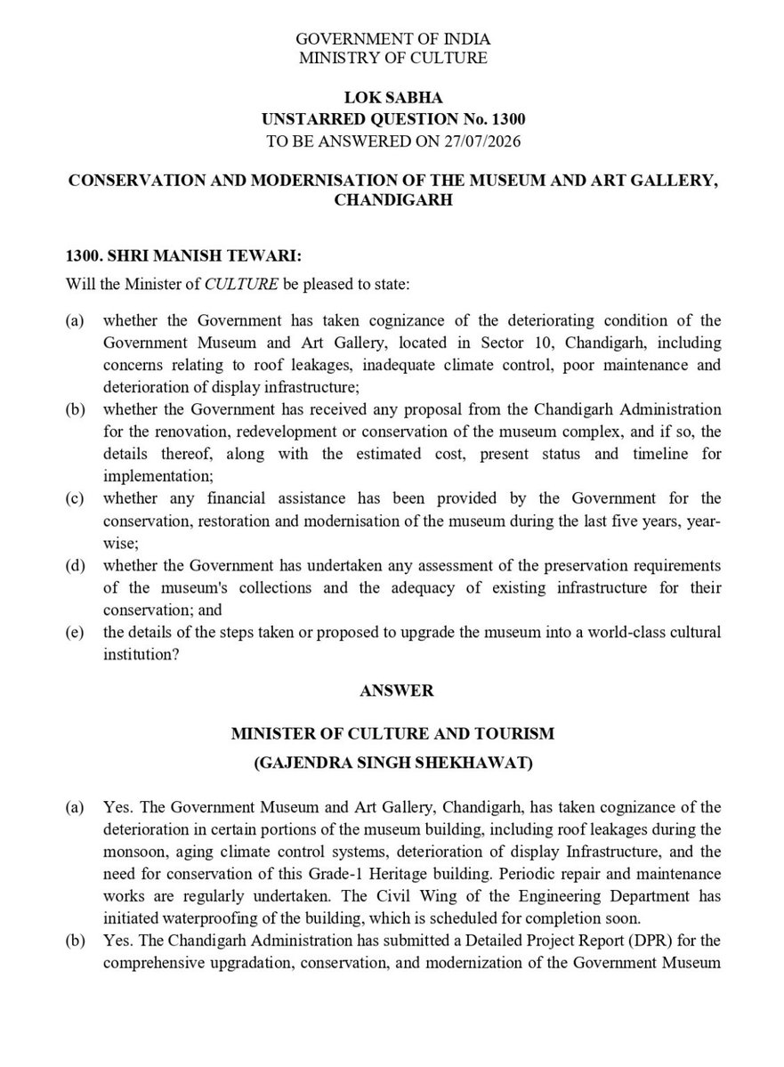 ManishTewari's tweet photo. Answer to my Parliament Question👇 about the abysmal state of the infrastructure of the Chandigarh Museum and Art Gallery and the steps if any, that are proposed by the Chandigarh Administration or Government of India to make it a world class Museum. https://t.co/bkaTxE1I93