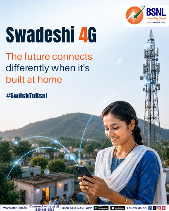 cgm_mh_bsnl's tweet photo. Every big innovation starts with a simple idea.

Swadeshi 4G is India's step towards building technology that's designed, developed and made in Bharat.

#BSNLIndia #StayConnected #InternetForEveryone #DigitalLife #IndiaOnline #BSNLServices #SmartIndia #EverydayConnectivity https://t.co/LfpriXtSgV