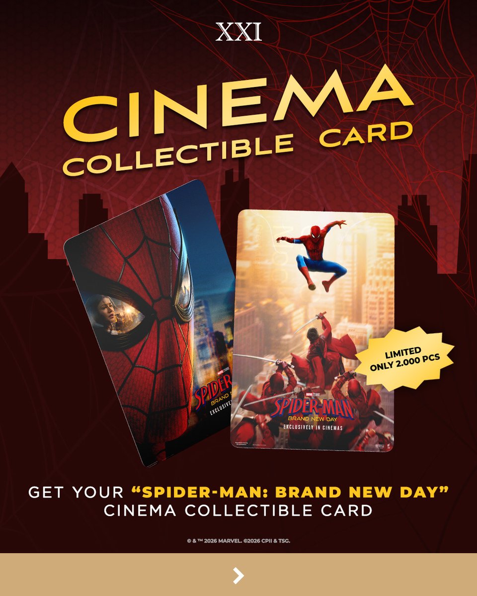 cinema21's tweet photo. Ini yang kalian tungguin kan para fans Spidey? 👀🕷️

Yuk, lengkapi pengalaman nonton SPIDER-MAN: BRAND NEW DAY kamu dengan Limited Cinema Collectible Card (CCC) Spider-Man: Brand New Day!

Cek foto di bawah buat caranya ya~

Promo mulai 29 Juli 2026 ya, berlaku untuk pembelian paket secara offline. 

Persediaan terbatas di XXI Café dan The Premiere pilihan.

#JajanASIKdiXXI #SpiderManBrandNewDaydiXXI #NontonASIKdiXXI