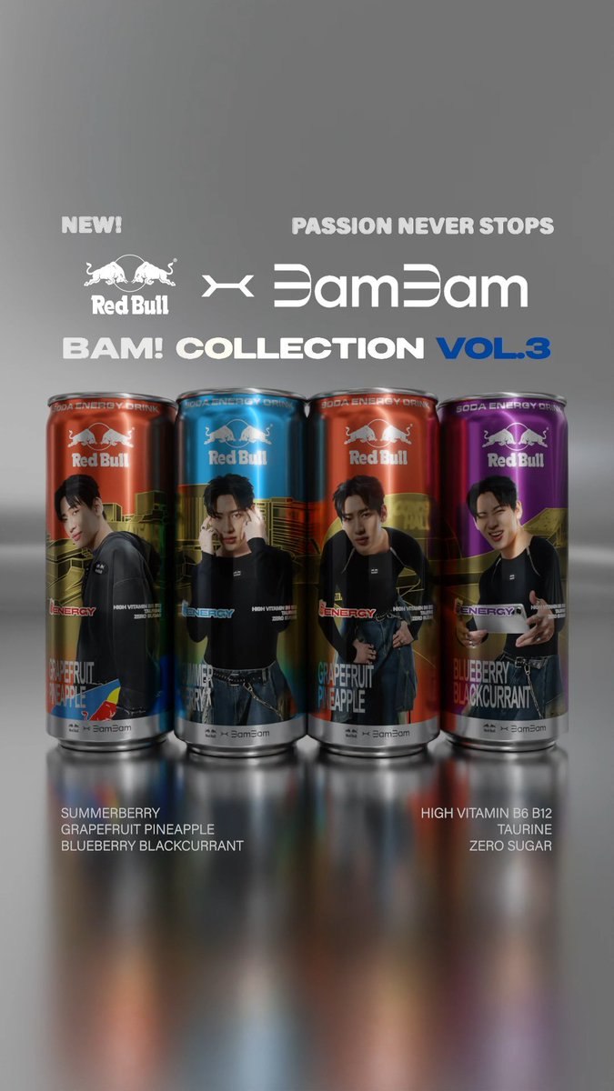 BamBamBooster's tweet photo. 𝙍𝙚𝙙 𝘽𝙪𝙡𝙡 𝙭 𝘽𝘼𝙈𝘽𝘼𝙈

NEW! BAM! COLLECTION VOL.3
'PASSION NEVER STOPS’

ตอนนี้มี 4 แบบให้ได้สะสม

SUMMERBERRY 
GRAPEFRUIT PINEAPPLE
BLUEBERRY BLACKCURRANT

และห้ามพลาด! อีก 2 แบบรอติดตามกันค่ะ!

#RedBullxBamCollectionV3
#เรดบูลใส่สุดเอเนอร์จี้
#ใส่สุดกับRedBullxBamBam #BamBam