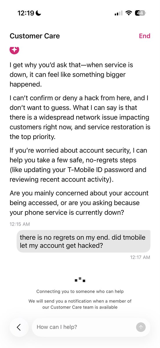 JD2545's tweet photo. @TMobile Tmobile says that can’t confirm or deny a hack. They shamed me by saying I should set up a no regret steps to protect my account. https://t.co/M43zwgAJzx