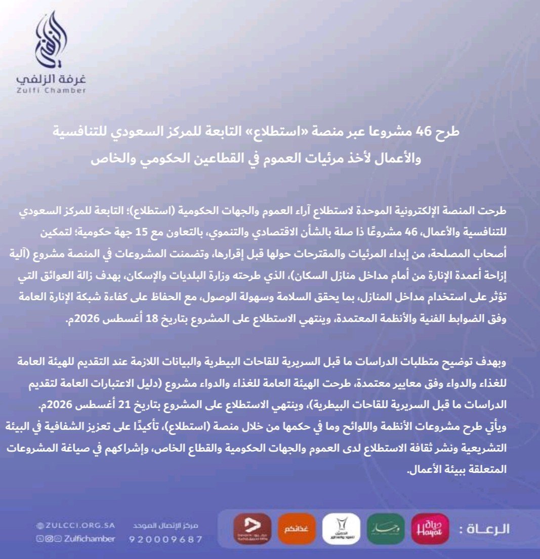 zulfiChamber's tweet photo. نشرة إعلامية |

طرح 46 مشروعا عبر منصة «استطلاع» لأخذ مرئيات العموم في القطاعين الحكومي والخاص.

#غرفة_الزلفي https://t.co/G1daiMcpBq