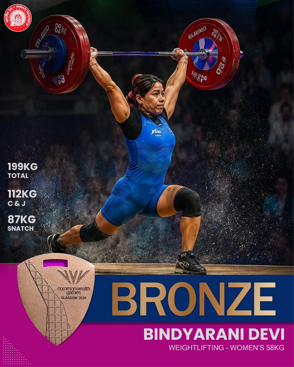 RailMinIndia's tweet photo. Indian Railways congratulates Ms. Bindyarani Devi, a proud member of Railway family, on winning the Bronze medal at the Commonwealth Games 2026. https://t.co/Hu8UucR6br